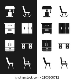 Set Wardrobe, Furniture nightstand, Table lamp, Armchair, Office desk,  and  icon. Vector