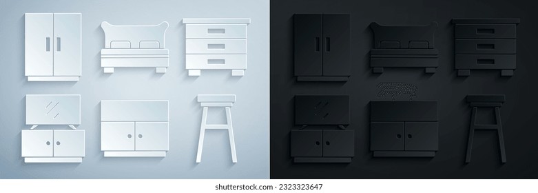 Set Wardrobe, Furniture nightstand, TV table, Chair, Big bed and  icon. Vector