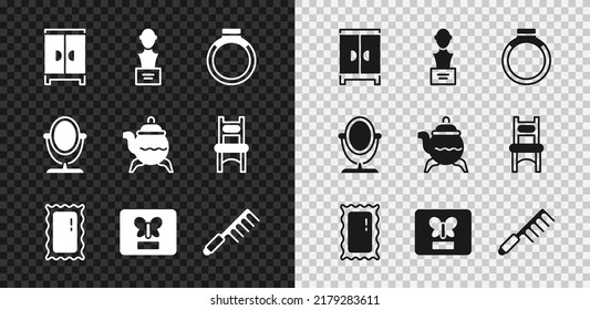 Set Wardrobe, Gypsum head sculpture bust, Gold ring, Big full length mirror, Butterfly frame, Hairbrush, Round makeup and Classic teapot icon. Vector