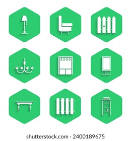 Set Wardrobe, Heizung Heizung, Badezimmer Rack mit Regalen für Handtücher, Grosser Spiegel, Holztisch, Kronleuchter, Garten Zaun Holz und Boden Lampe Symbol. Vektorgrafik