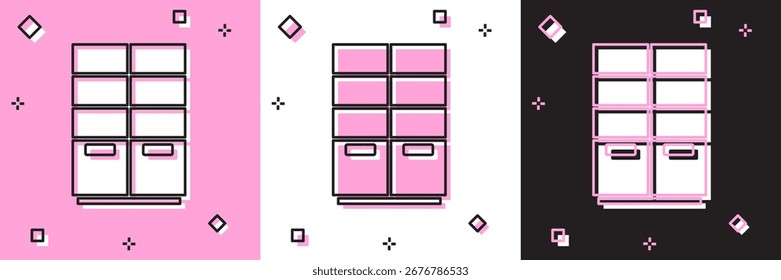 Defina o ícone do guarda-roupa isolado no fundo preto, branco e rosa.  Vetor