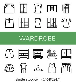 Set of wardrobe icons such as Skirt, Wardrobe, Closet, Blouse, Trench coat, Potting bench, Casual, Hanger, Living room, Undershirt , wardrobe