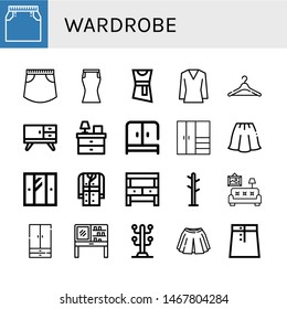 Set of wardrobe icons such as Skirt, Blouse, Hanger, Furniture, Bedside table, Wardrobe, Closet, Trench coat, Potting bench, Coat rack, Living room, Dressing table , wardrobe