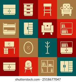 Set Wardrobe, Library bookshelf, Chair, Bunk bed,  and Armchair icon. Vector