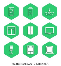 Set Wardrobe, Makeup mirror with lights, Picture frame on table, Office chair, Window in the room, Chandelier and Library bookshelf icon. Vector