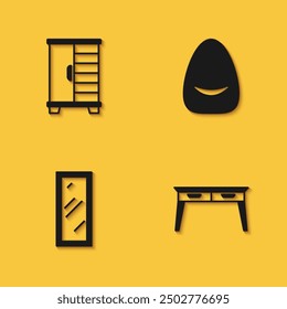 Set Wardrobe, Office desk, Big full length mirror and Pouf icon with long shadow. Vector