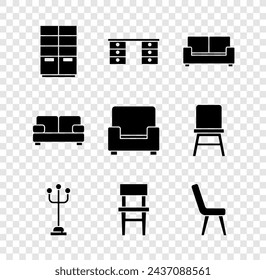 Set Wardrobe, Office desk, Sofa, Coat stand, Chair, Armchair,  and  icon. Vector