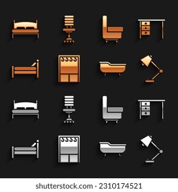 Set Wardrobe, Office desk, Table lamp, Bathtub, Bed, Armchair, Big bed and  icon. Vector
