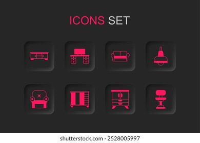 Set Wardrobe, Office desk, TV table stand, Chest of drawers, Lamp hanging, chair, Sofa and Armchair icon. Vector