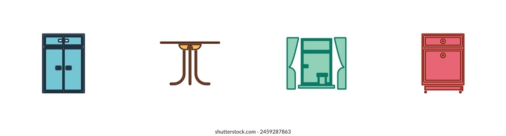 Set Wardrobe, Round table, Window with curtains and Furniture nightstand icon. Vector