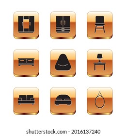 Set Wardrobe, Sofa, Big bed, Pouf, Chest drawers, Chair, Mirror and  icon. Vector