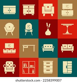Set Wardrobe, Sofa, Round table, Armchair, Dressing, Chest drawers and Vase icon. Vector