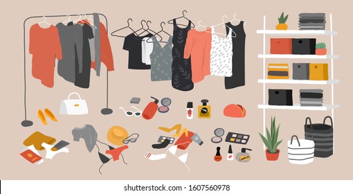 Set of wardrobe stuff. Closet wardrobe furniture inside. Various bag, shoes, cosmetics and trendy clother. Interior things in scandinavian design style. Hand drawn isolated elements. Cartoon vector