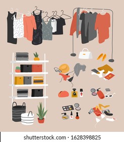 Set of wardrobe stuff. Closet wardrobe furniture inside. Various bag, shoes, cosmetics and trendy clother. Interior things in scandinavian design style. Hand drawn isolated elements. Cartoon vector