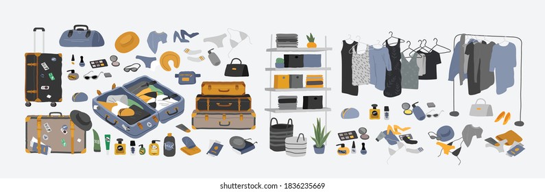 Set of wardrobe stuff. Closet wardrobe furniture inside. Various bag, shoes, cosmetics and trendy clother. Interior things in scandinavian design style. Hand drawn isolated elements. Cartoon vector