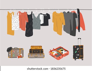 Set of wardrobe stuff. Closet wardrobe furniture inside. Various bag, shoes, cosmetics and trendy clother. Interior things in scandinavian design style. Hand drawn isolated elements. Cartoon vector