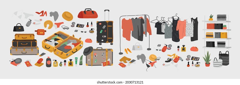 Set of wardrobe stuff. Closet wardrobe furniture inside. Various bag, shoes, cosmetics and trendy clother. Interior things in scandinavian design style. Hand drawn isolated elements. Cartoon