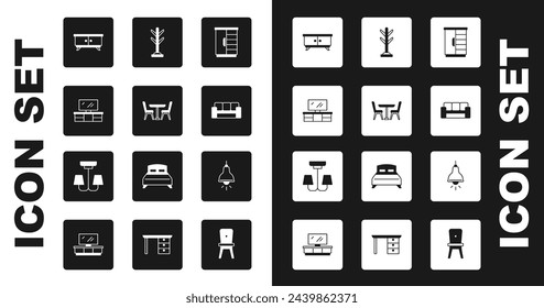 Set Wardrobe, Table with chair, TV table stand, Furniture nightstand, Sofa, Coat, Lamp hanging and Chandelier icon. Vector