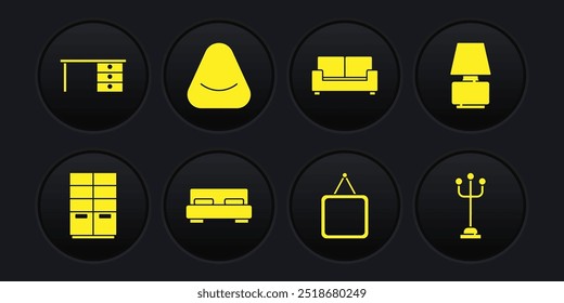 Set Wardrobe, Table lamp, Big bed, Mirror, Sofa, Pouf, Coat stand and Office desk icon. Vector