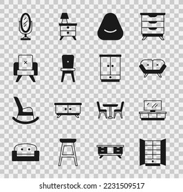 Set Wardrobe, TV table stand, Sofa, Pouf, Chair, Armchair, Mirror and  icon. Vector