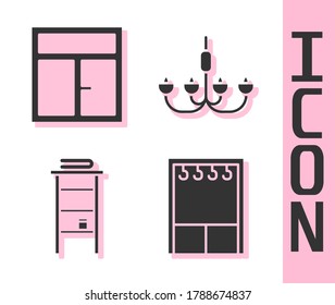 Set Wardrobe, Window in the room, Bathroom rack with shelves for towels and Chandelier icon. Vector