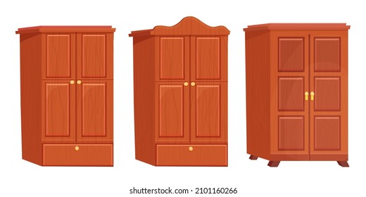 Set wardrobe wooden interior furniture in cartoon style isolated on white background. Drawer, cupboard object. Textured home decoration, element. 