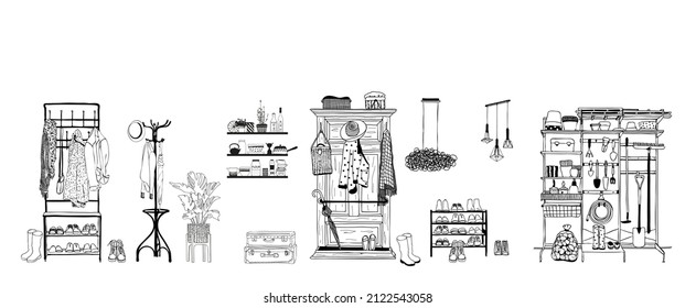 A set of wardrobes and clothes hangers.Hand-drawn vector illustration.