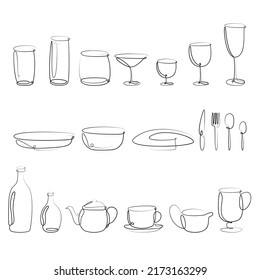 Set of ware in one line, plates, Set of glasses in one line, glass of champagne in one line, glass for martini, wine in one line, set of hand drawn drinks