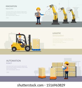 Set of warehoue banners with worker in process vector illustration