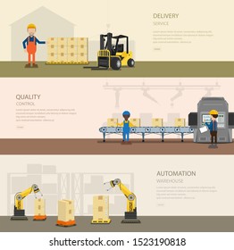 Set of warehoue banners with worker in process vector illustration