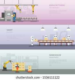 Set of warehoue banners with worker in process vector illustration