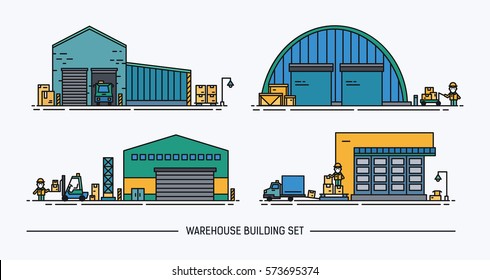 Set of warehouse buildings of different shape with freight transport. Lineart. Colorful.