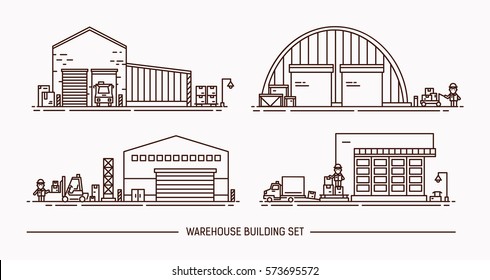 Set of warehouse buildings of different shape with freight transport. Lineart. Contour illustration.