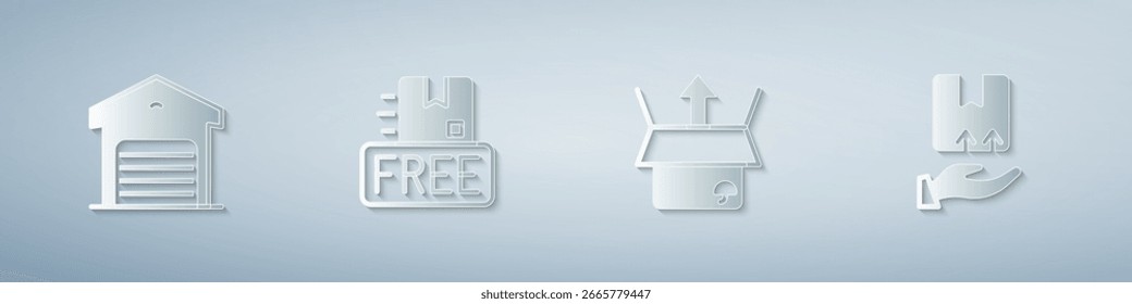 Set Almacén, caja de cartón con símbolo libre, Unboxing y mano de entrega. Estilo de arte de papel. Vector