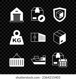 Set Warehouse, Carton cardboard box, Delivery security with shield, Container crane, Cargo ship boxes delivery, Cardboard calendar, Weight and  icon. Vector