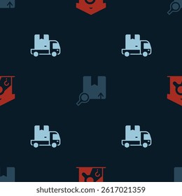 Set Warehouse check, Search package and Delivery cargo truck on seamless pattern. Vector