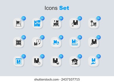 Set Warehouse check, Waybill, with boxes, Online app delivery tracking, Delivery hand, Search package, interior and cargo truck icon. Vector
