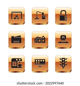 Set Warehouse, Coffee machine, Smart Tv, House, Printer, Safe combination lock, Traffic light and Robotic robot arm hand factory icon. Vector