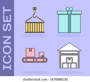 Set Warehouse , Container on crane, Conveyor belt with cardboard box  and Gift box  icon. Vector