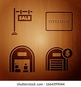 Set Warehouse with dollar symbol, Hanging sign with text Sale, Warehouse and Doormat with the text Welcome on wooden background. Vector