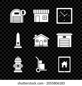 Set Warehouse with dollar symbol, Shopping building or market store, Clock, Fire hydrant, Hand truck and boxes, Tablet smart home, Washington monument and House icon. Vector