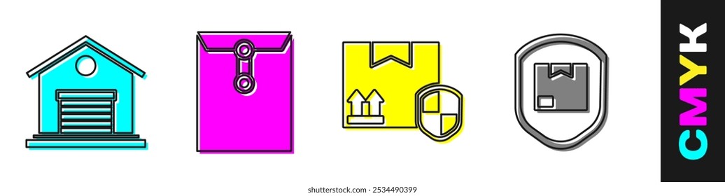 Conjunto Almacén, sobre, paquete de entrega de seguridad con escudo y paquete de entrega de seguridad con icono de escudo. Vector