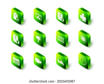 Set Warehouse, Envelope with dollar symbol, Carton cardboard box, Worldwide shipping and, Clock, Container, Logistics delivery truck clock and  icon. Vector