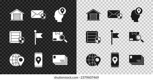 Set Warehouse, Envelope with shield, Delivery man cardboard boxes, Location on the globe, Mobile app delivery tracking, pack security and marker icon. Vector