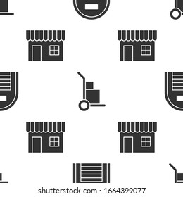 Establecer almacenes, coches y cajas de mano y el edificio comercial o tienda de mercado en un modelo sin fisuras. Vector