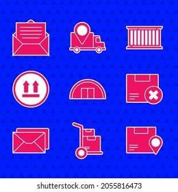 Set Warehouse, Hand truck and boxes, Location with cardboard, Carton delete, Envelope, This side up, Container and  icon. Vector