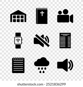 Video Almacén, libro sagrado de la Biblia, película o cámara, cuaderno, nube con lluvia e icono de volumen del altavoz. Vector