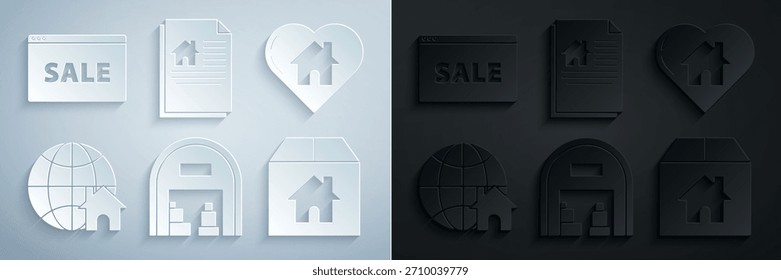 Conjunto Almacén, casa con forma de corazón, símbolo del globo, caja de cartón, contrato y texto de signo colgante Icono de venta en línea. Vector