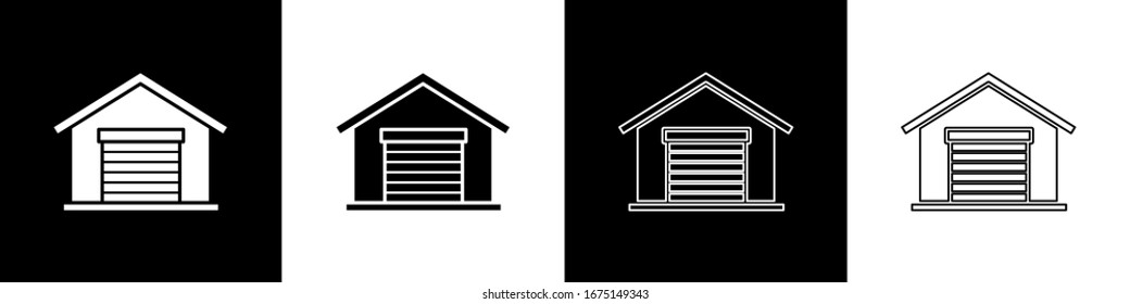 Set Warehouse icon isolated on black and white background.  Vector Illustration