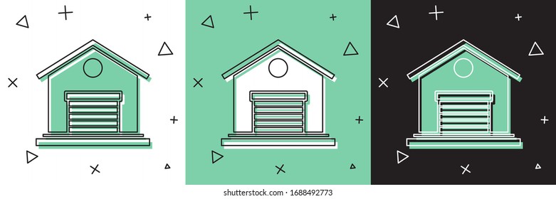 Establecer icono de almacén aislado en fondo blanco y verde y negro. Ilustración vectorial